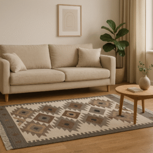 Heritage Knots- Handcrafted Panja Dhurrie With Diamond Pattern, Grey and Beige, Cotton with Fringe, Size- 3x5ft