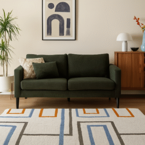 Handcrafted Area Rug, White Grey with Blue Pattern, Tufted, Living Room Carpet, Size 3X5 Feet