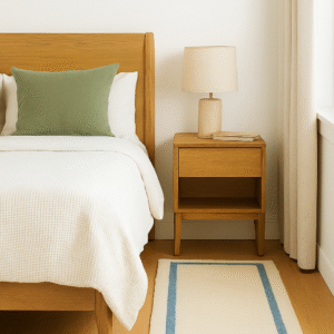 Modern Bedroom Handcrafted Area Rug with Blue Border, Wool, White, Non-Slip Backing, Size 2X5 Feet