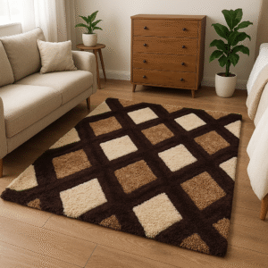 Modern Geometric Shaggy Area Rug, Brown and Beige Diamond Pattern, Shag Pile, Non-Slip Backing