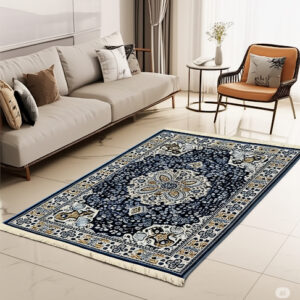 Kashmiri Traditional Rug, Navy Blue and Gold Medallion Pattern, Fringed Border, Living Room Carpet-4X6