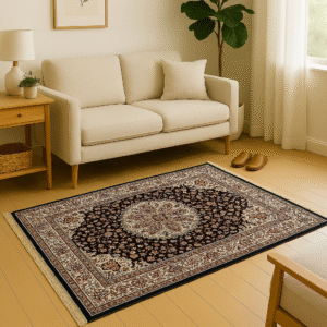 Traditional Persian Area Rug, Black and Ivory with Medallion Design, Fringed Border, Living Room Carpet, Size-3x5