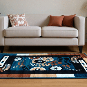 Modern Area Rug with Floral Pattern, Blue and Brown, Living Room Carpet with Non-Slip Backing-3X5